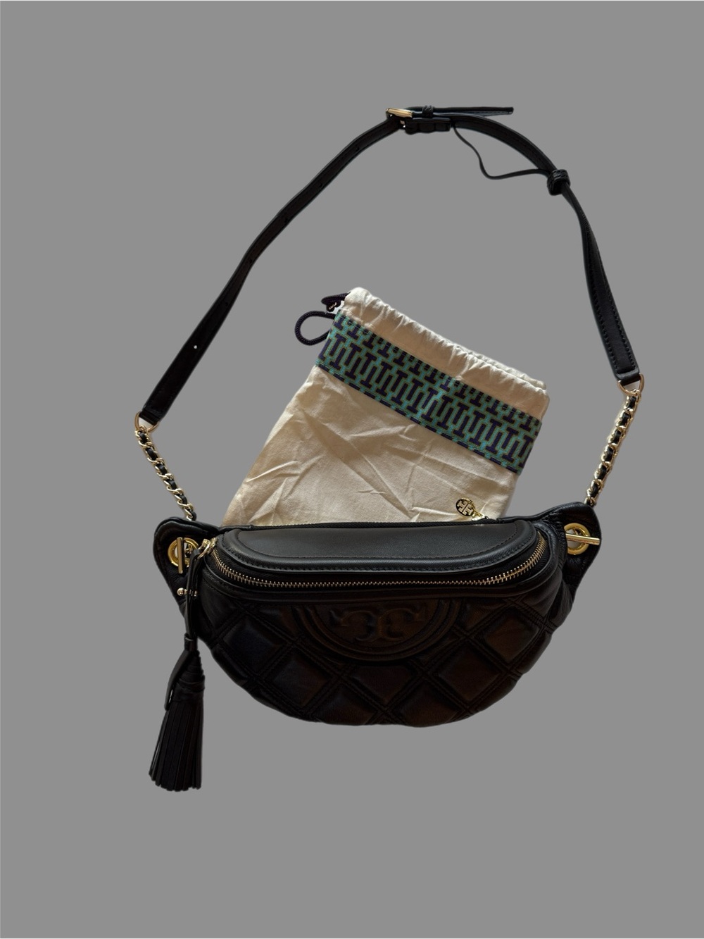 Tory Burch Black Quilted Leather Flemming Crossbody/Belt Bag with Tassel
